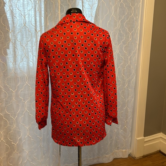 Vintage 70s Polyester Button Down Blouse Red Flowers - Picture 2 of 7